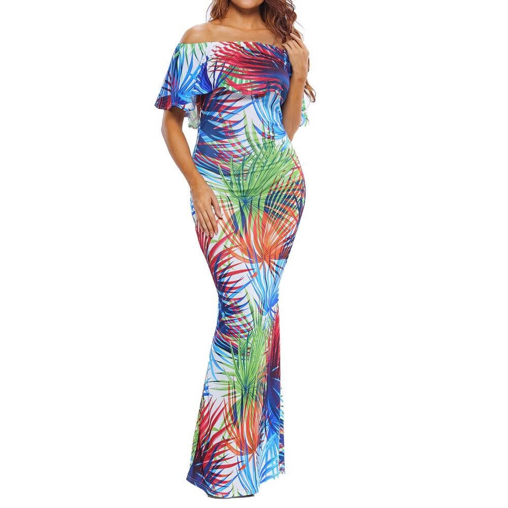 Sundress maxi tropical ruffle off shoulder small mermaid NWOT beachy resort
